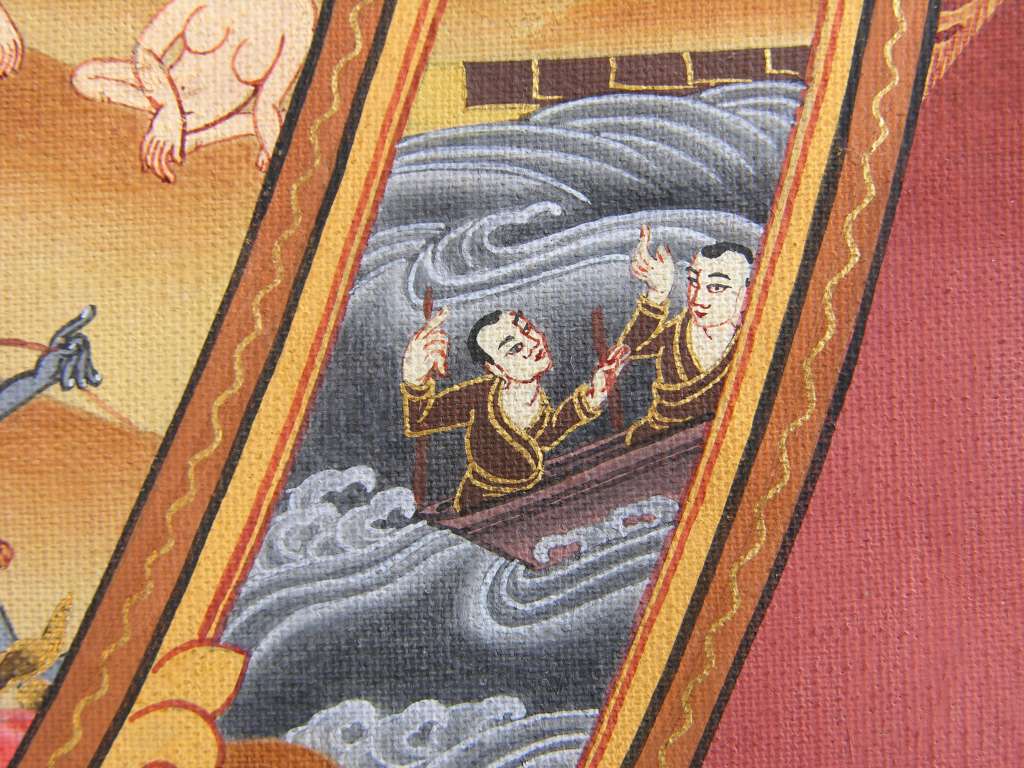 Tibetan Buddhism Wheel Of Life 07 04 Mind And Body - People In Boat In the fourth link, mind and body (also called name and form), two people ride in a boat, with one steering. The people represent the different states of the mind, such as feeling, discrimination, and consciousness. The boat represents the body that carries us through life. The person steering the boat symbolizes the complete person that includes both mind and body.